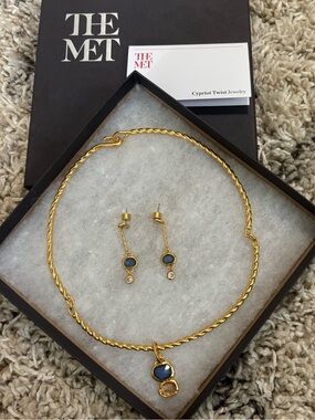The Met Cypriot Twist Gold Plated Necklace & Earring Set with Blue Stones